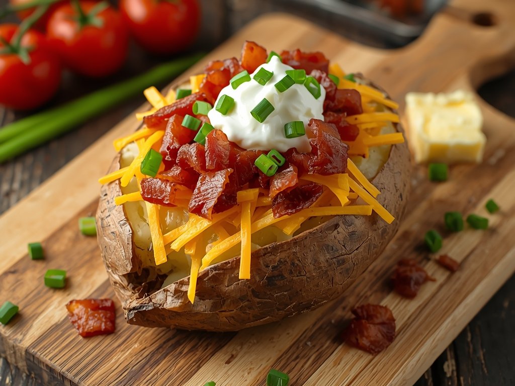 A baked potato loaded with cheese, bacon, sour cream, chives,