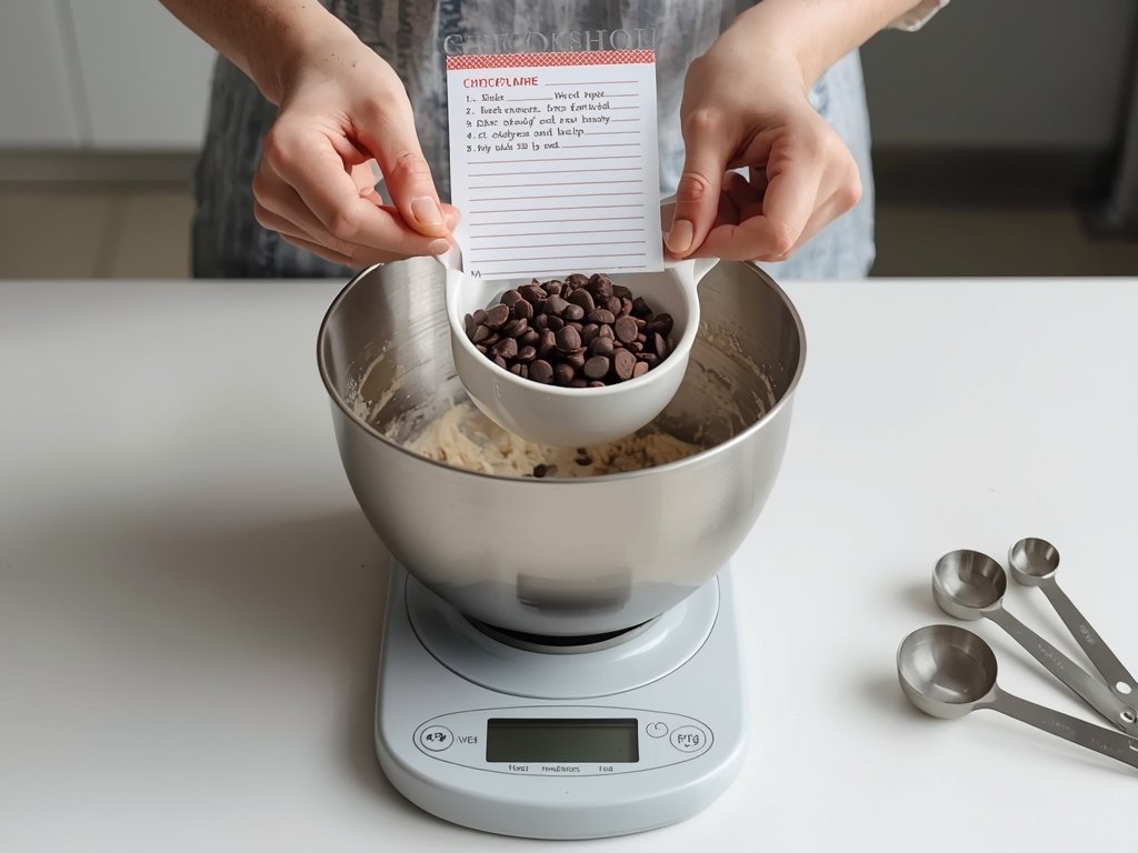 A baker’s hands using a kitchen scale to measure chocolate