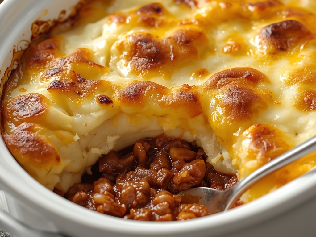 A baking dish filled with shepherd's pie, featuring a layer