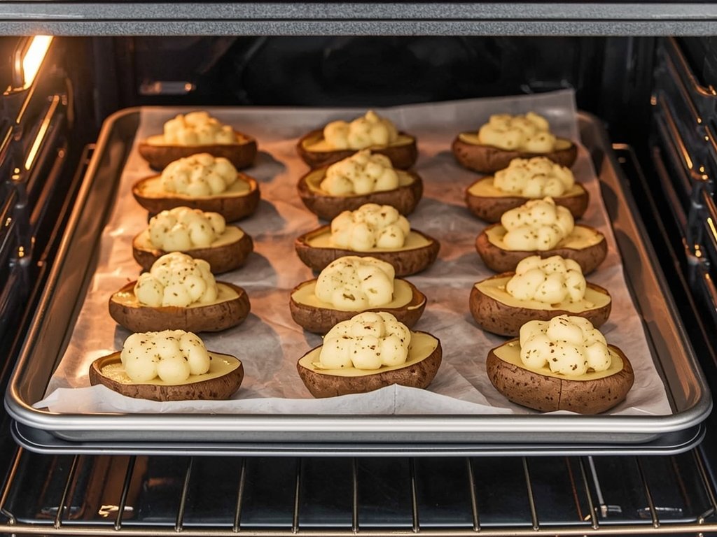 A baking sheet filled with multiple baked potatoes in an