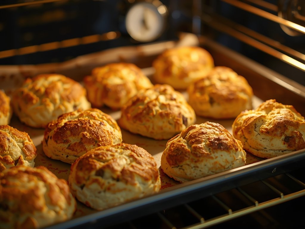 A baking sheet in the oven with scones turning golden-brown,