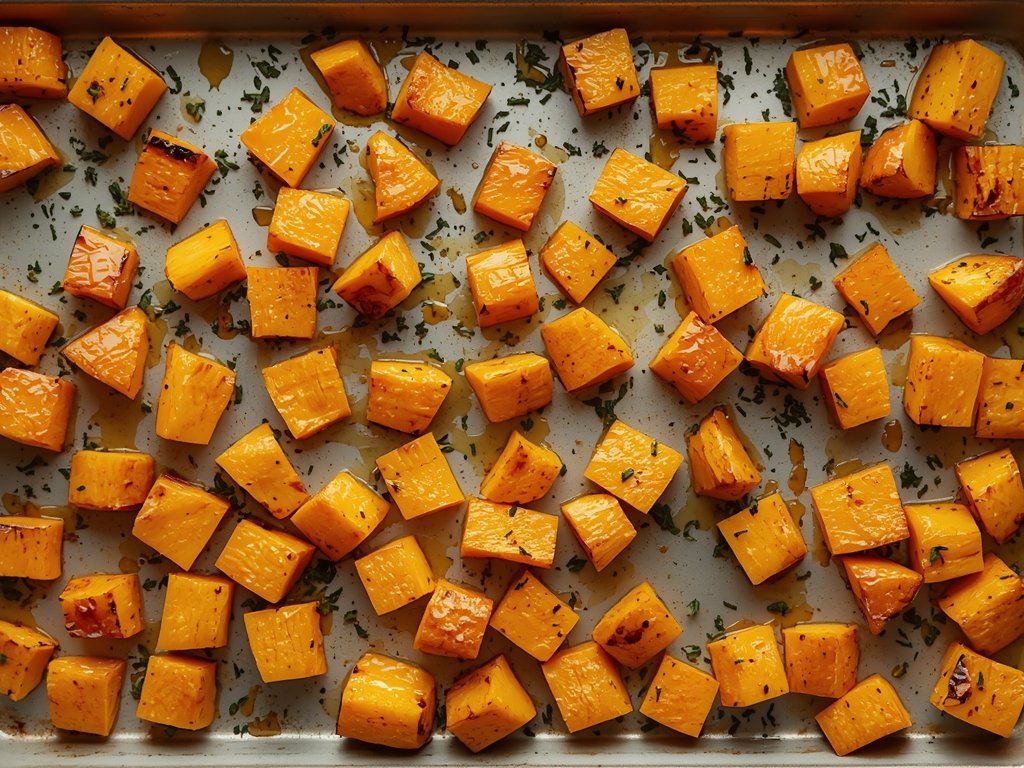 A baking tray filled with golden-brown butternut squash cubes, some