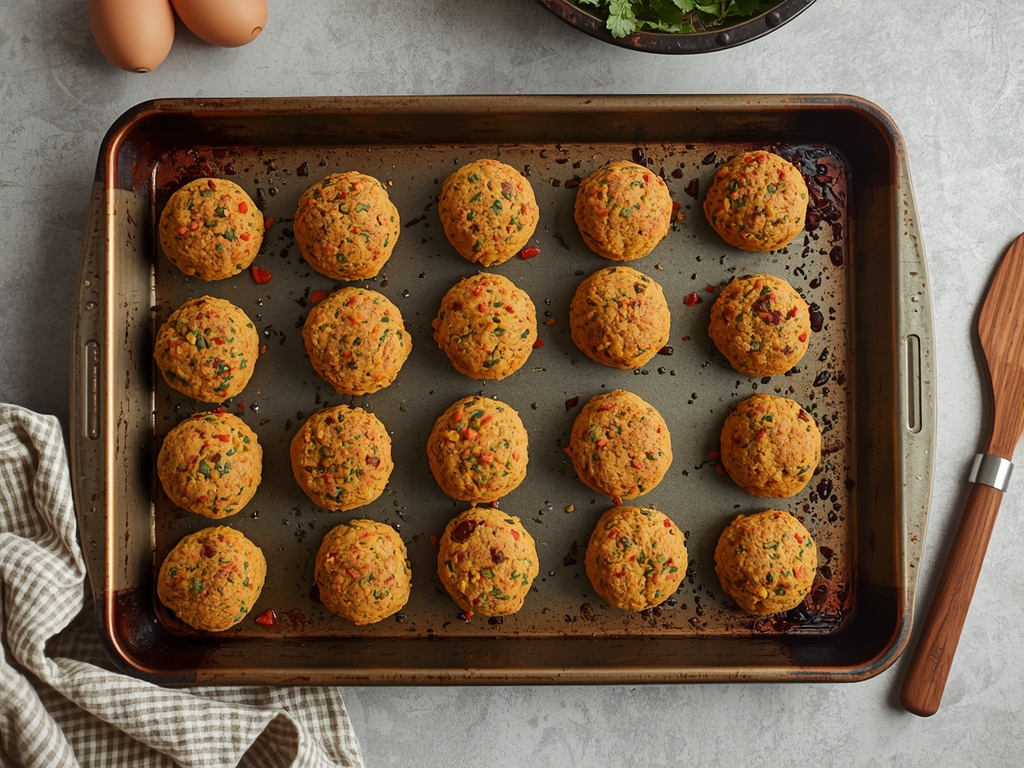 A baking tray lined with golden falafel balls, ready to