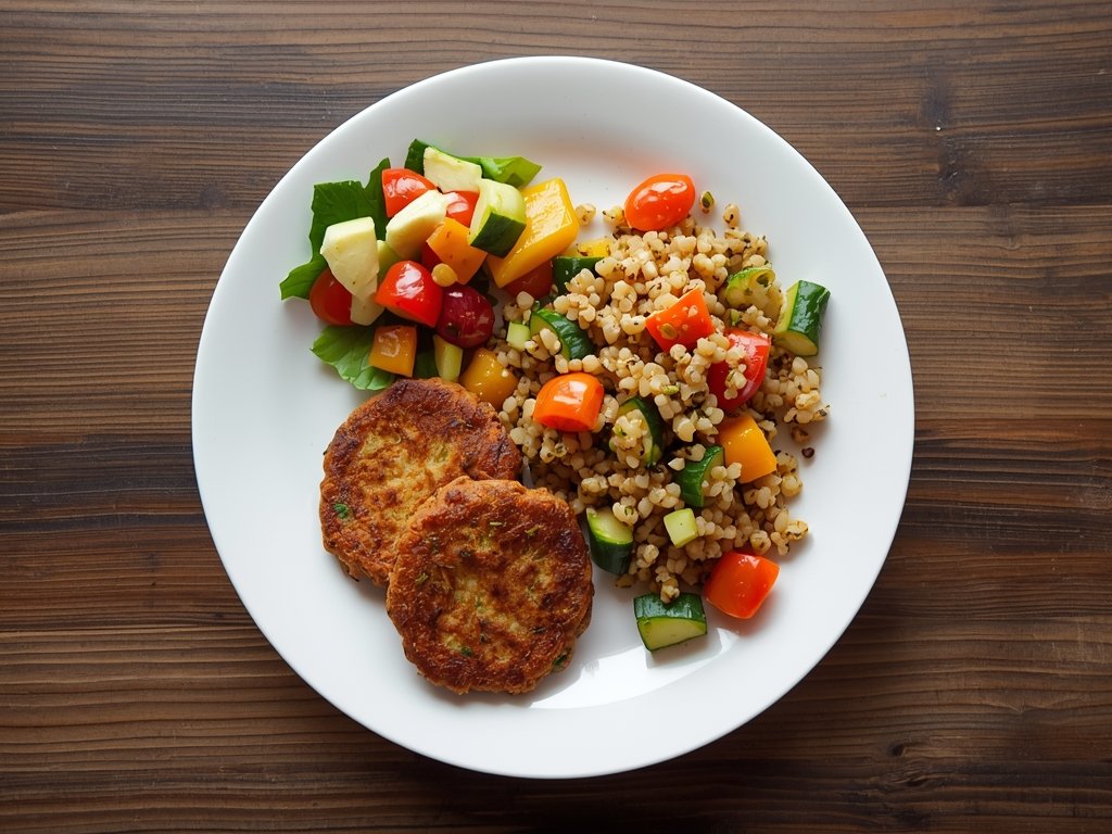 A balanced meal featuring lentil fritters, a side of quinoa