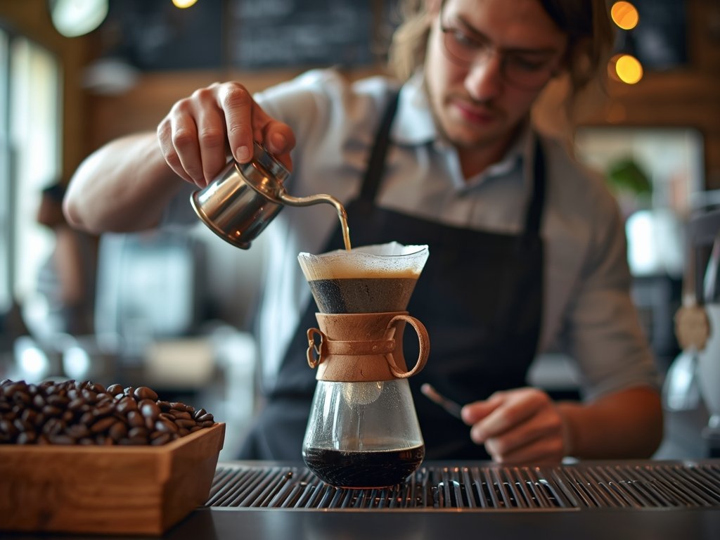 A barista meticulously preparing a pour-over coffee, with a French
