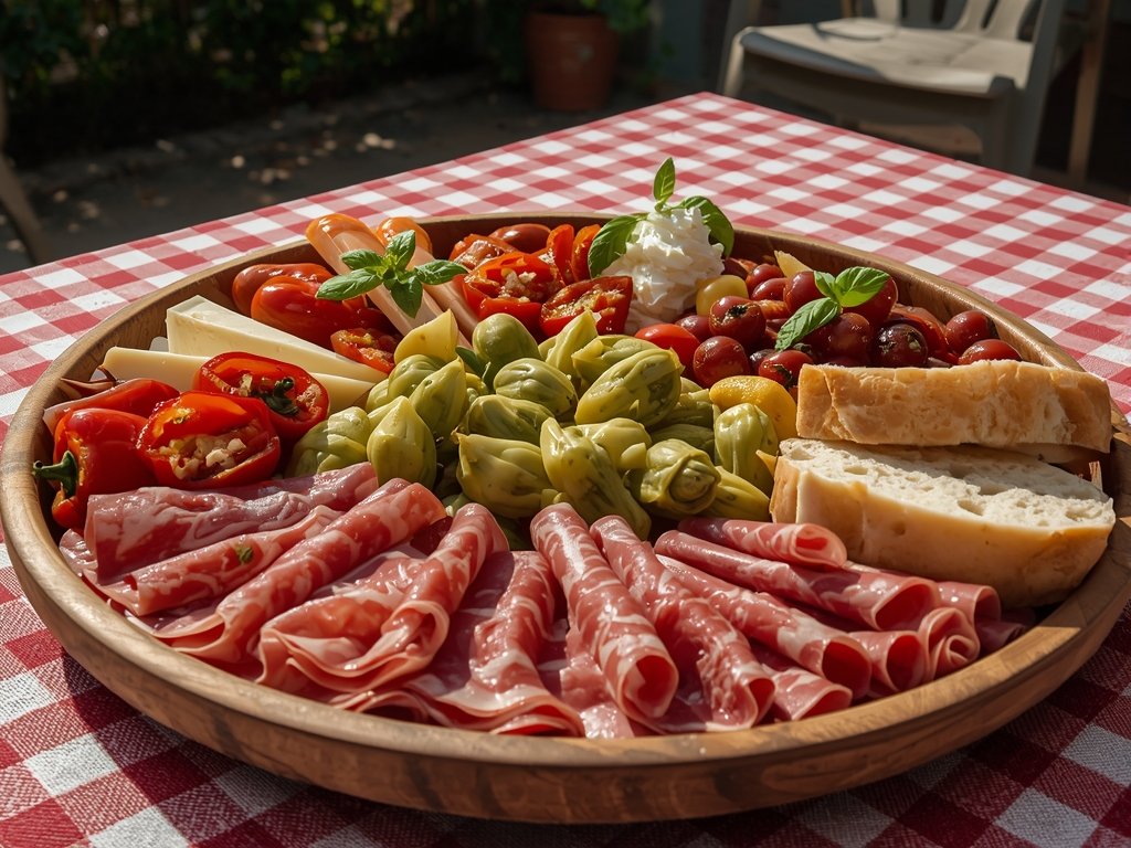 A beautifully arranged antipasto platter on a large, round serving