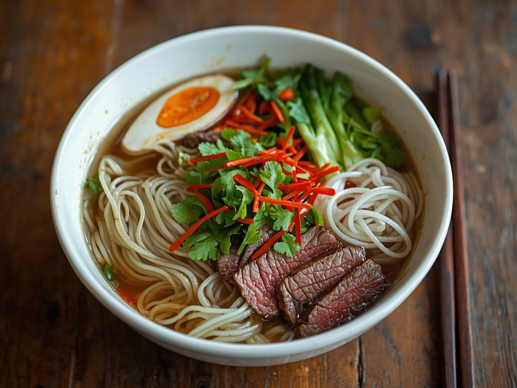 A beautifully arranged bowl of Roast Beef Pho, with noodles,
