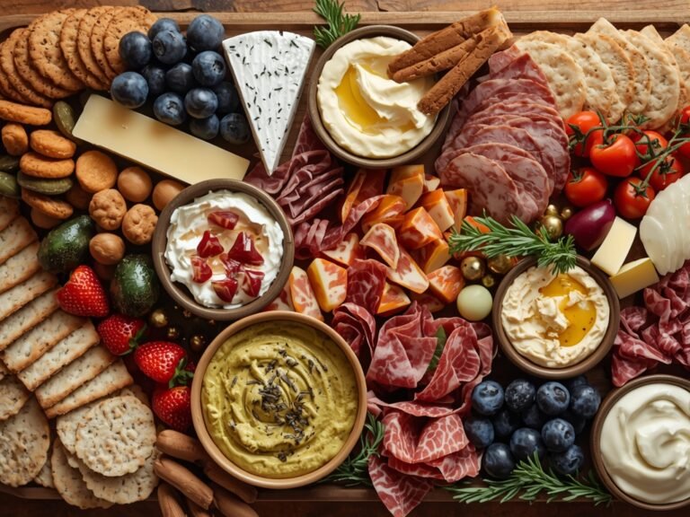 A beautifully arranged charcuterie board with various crackers, cheeses, meats,