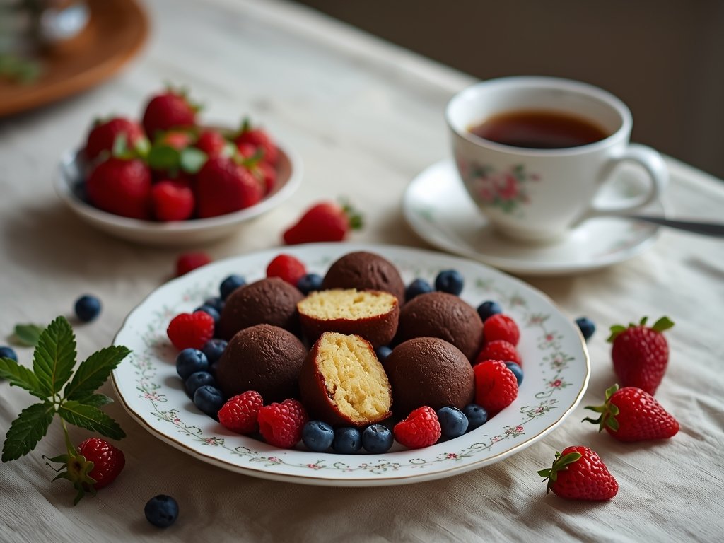 A beautifully arranged plate of cake truffles, surrounded by fresh