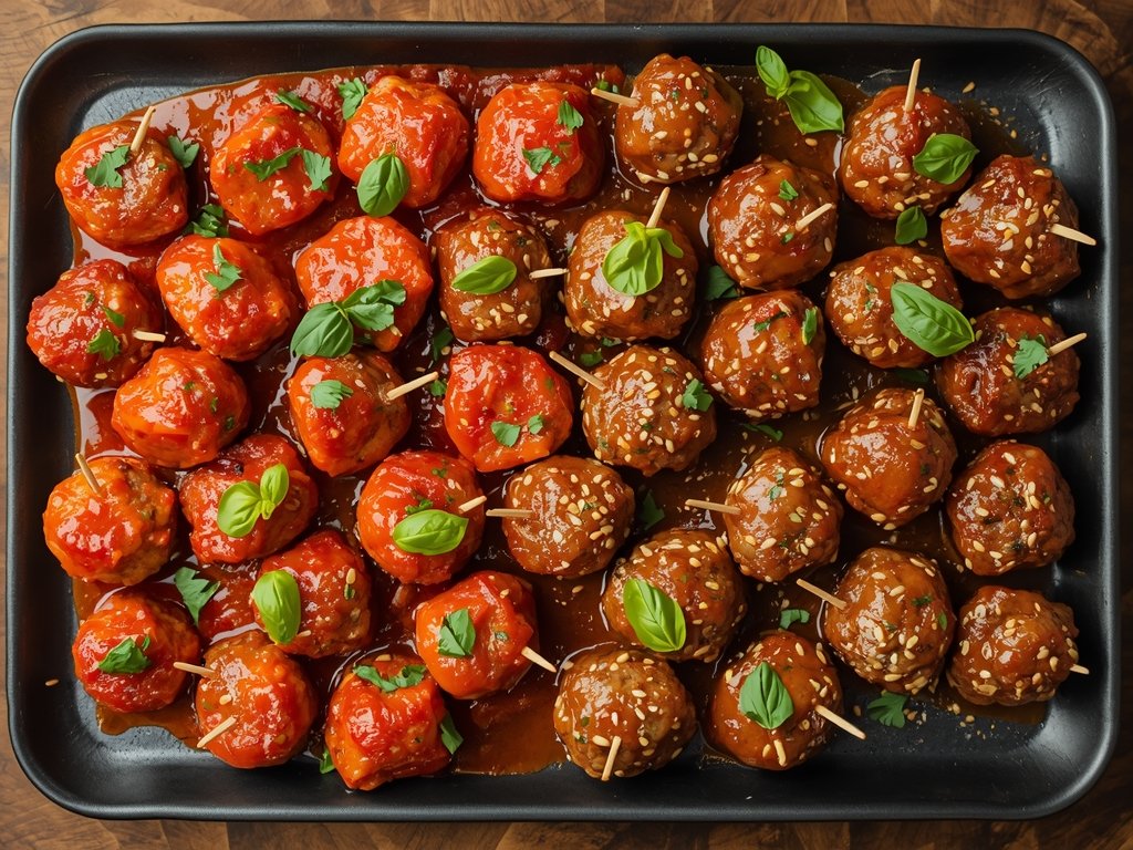 A beautifully arranged platter with marinara meatballs on one side