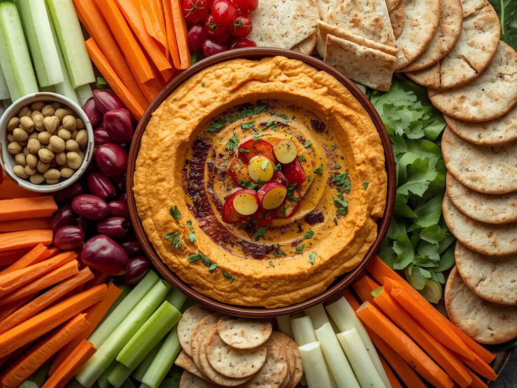 A beautifully arranged platter with roasted root veggie hummus, surrounded