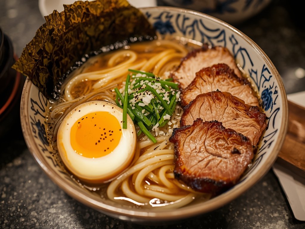 A beautifully arranged ramen bowl with freshly reheated broth and