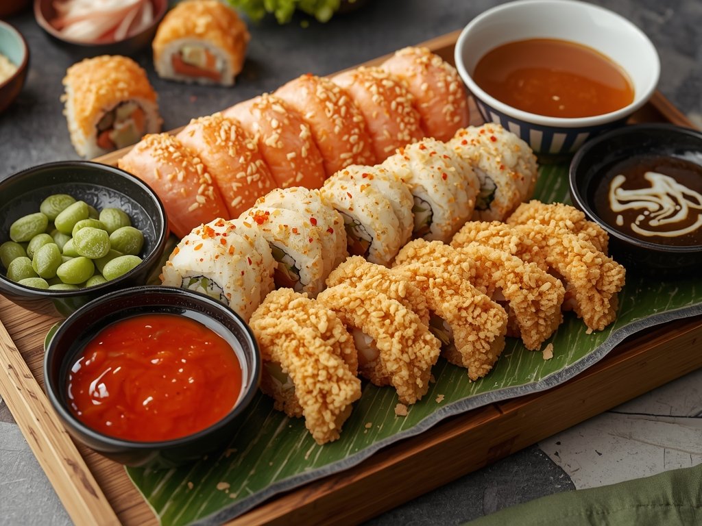 A beautifully arranged sushi platter featuring air-fried tempura rolls, edamame,