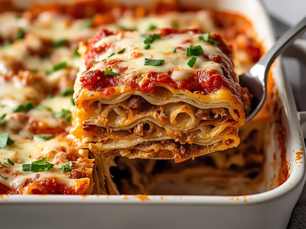 A beautifully layered lasagna with Bolognese sauce, béchamel, and melted