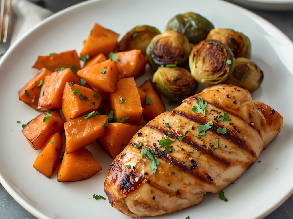 A beautifully plated dinner featuring batch-baked sweet potatoes, roasted Brussels