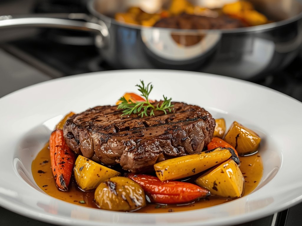 A beautifully plated dish of seared steak with roasted vegetables,