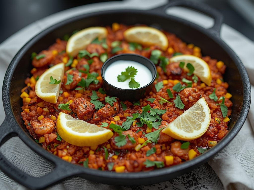 A beautifully plated paella with a crispy socarrat layer, garnished