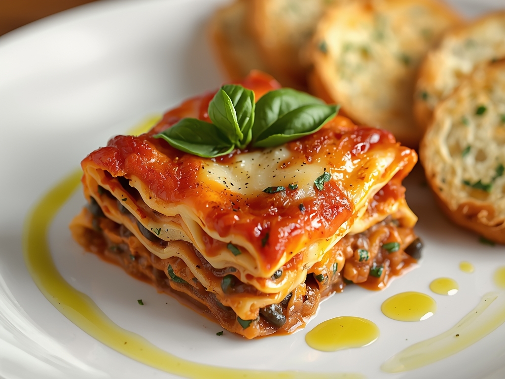 A beautifully plated reheated lasagna slice, garnished with fresh basil