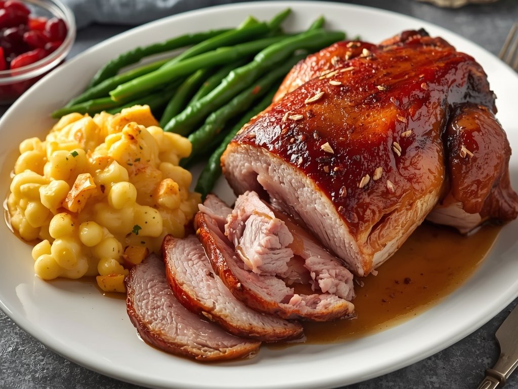 A beautifully plated roast duck with crispy skin, served alongside