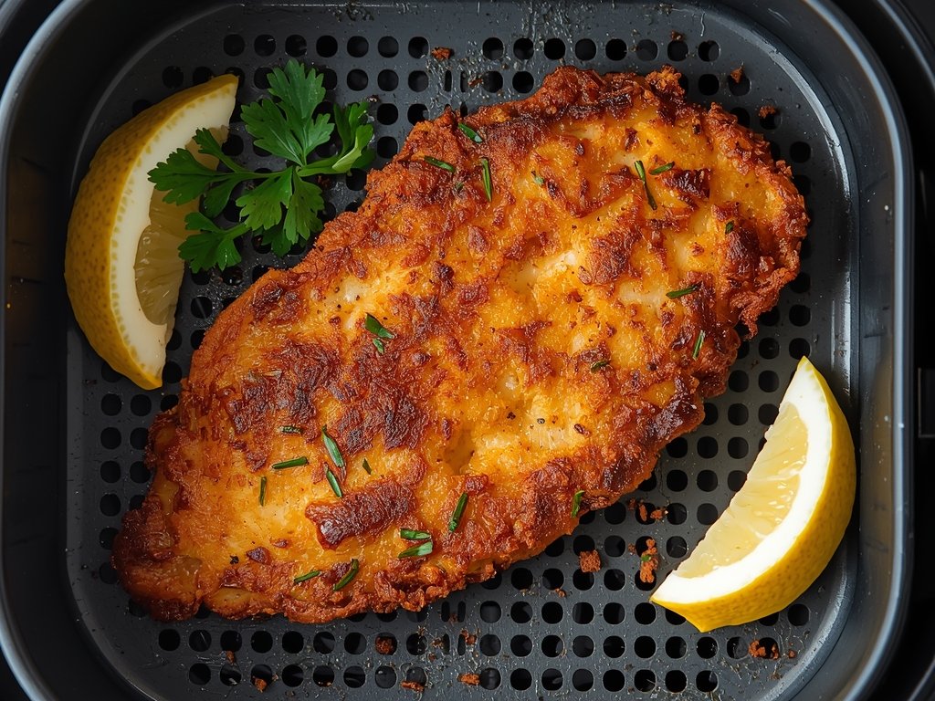 A beautifully reheated schnitzel in an air fryer basket, golden
