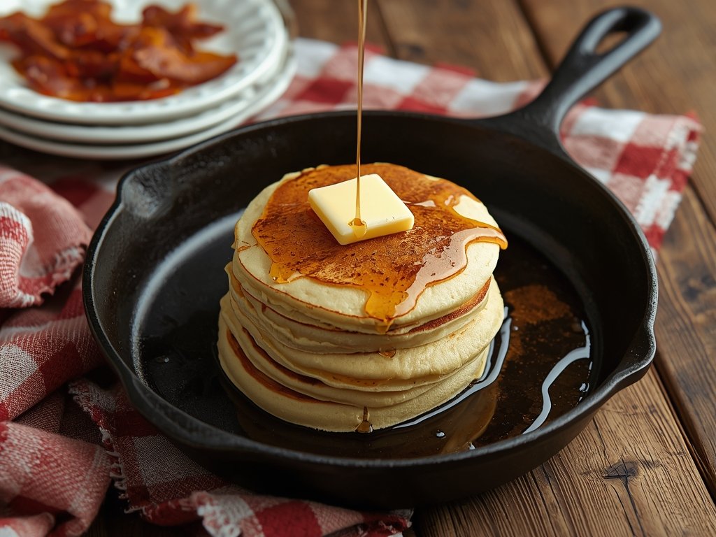 A beautifully restored cast iron skillet sizzling with a stack
