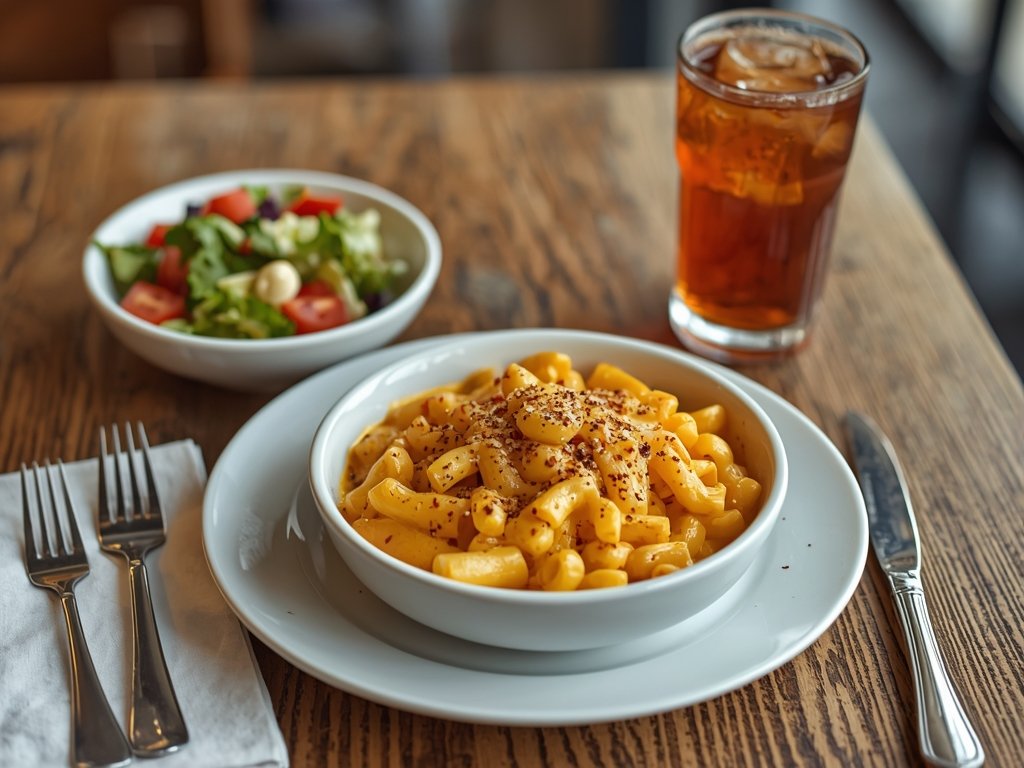 A beautifully set table with a bowl of mac and