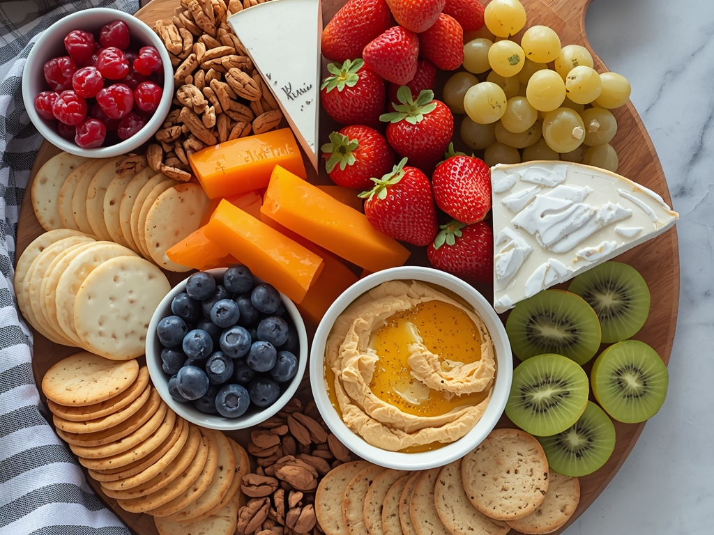 A beautifully styled charcuterie board featuring hummus crackers, an assortment