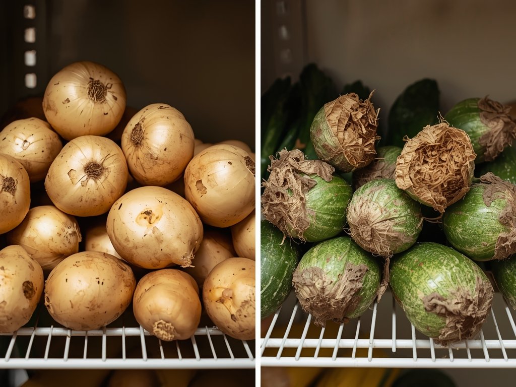 A before-and-after comparison of a pantry shelf, with the "before"