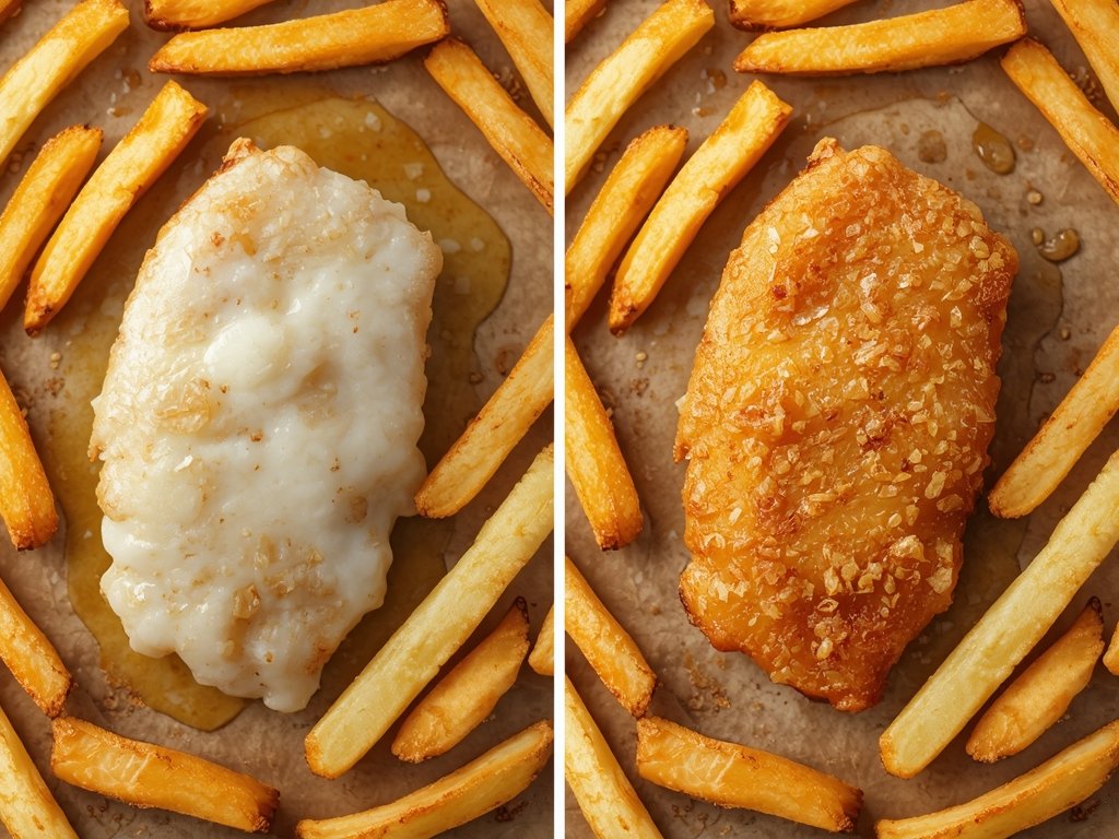 A before-and-after comparison of a piece of fish and chips,
