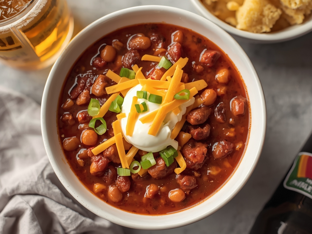 A bowl of chili con carne topped with shredded cheddar