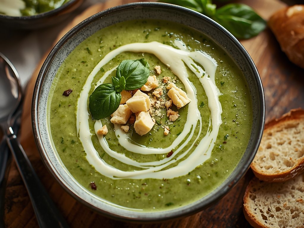 A bowl of creamy pesto soup garnished with a swirl
