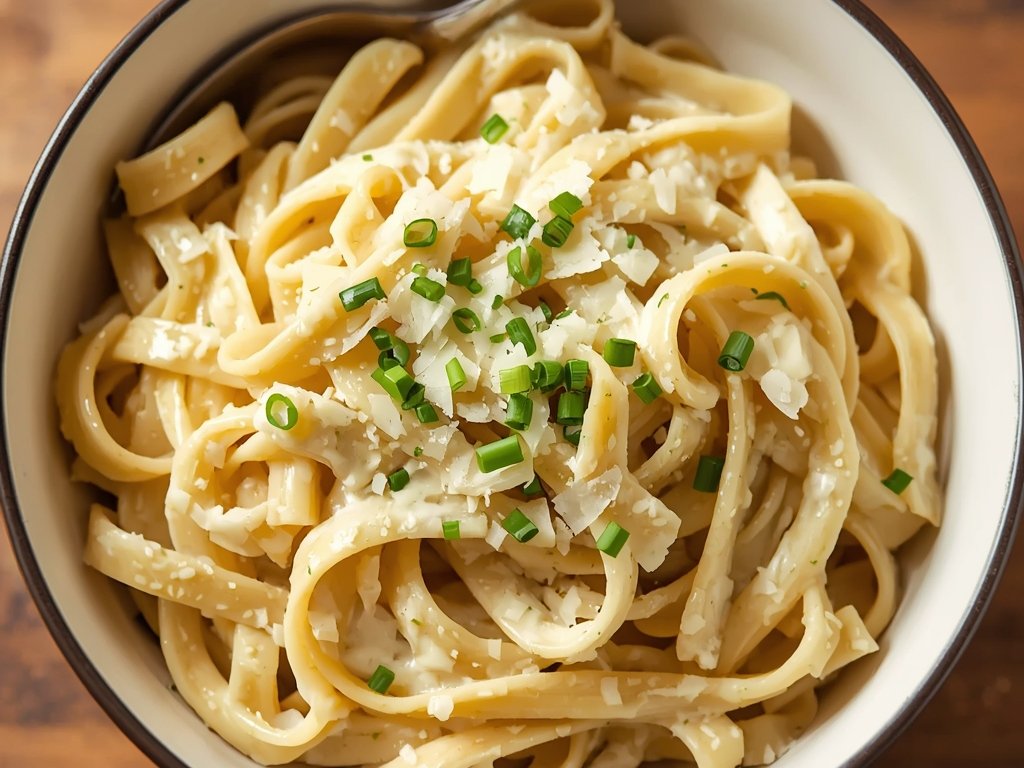 A bowl of fettuccine pasta coated in a rich, creamy