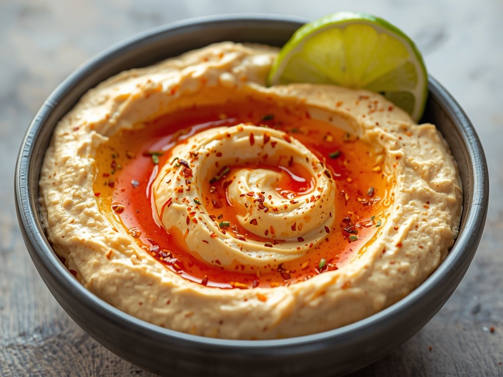 A bowl of hummus with a vibrant red swirl of