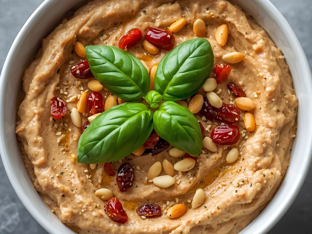 A bowl of hummus with sun-dried tomatoes and fresh basil