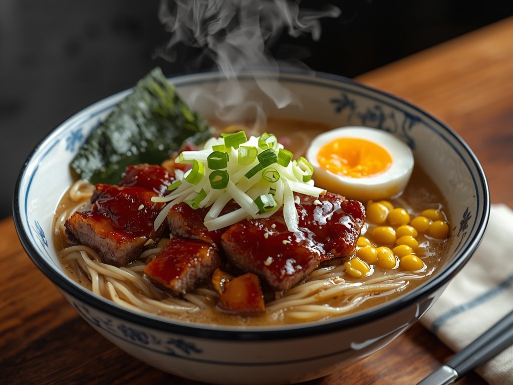 A bowl of ramen noodles topped with BBQ ribs, a