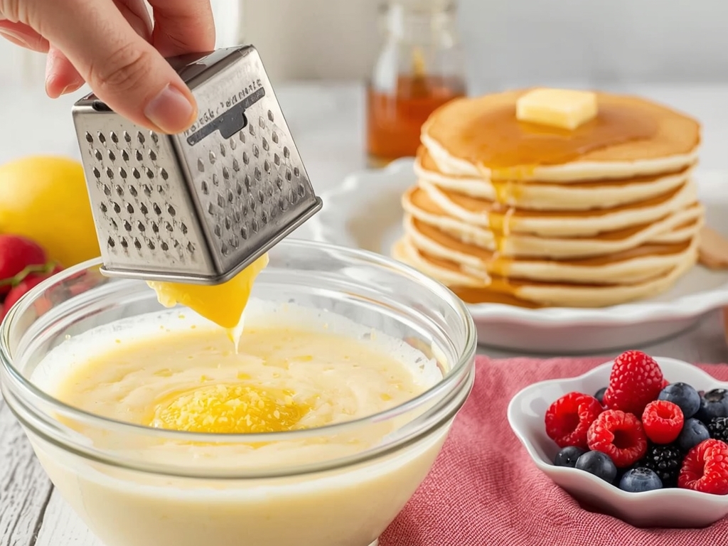 A bright, colorful image of a Microplane grater zesting a