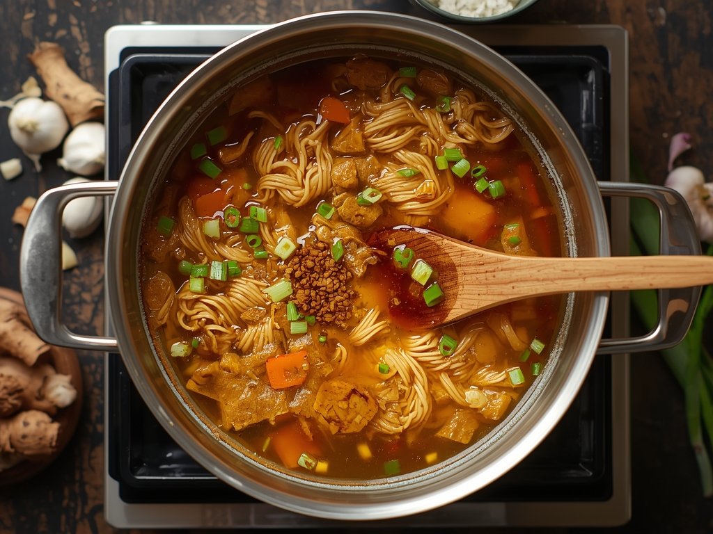 A bubbling pot of rich, golden ramen broth simmering on