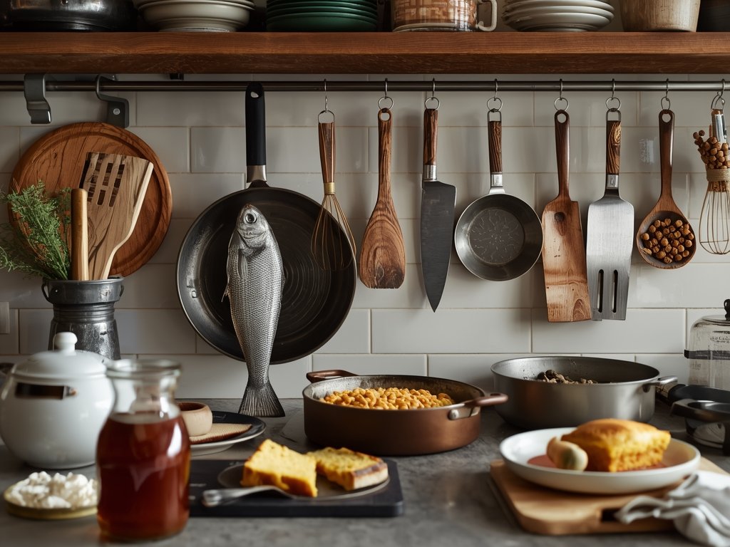 A bustling American kitchen with a fish turner hanging on