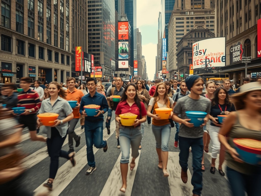 A bustling cityscape with a diverse group of people rushing