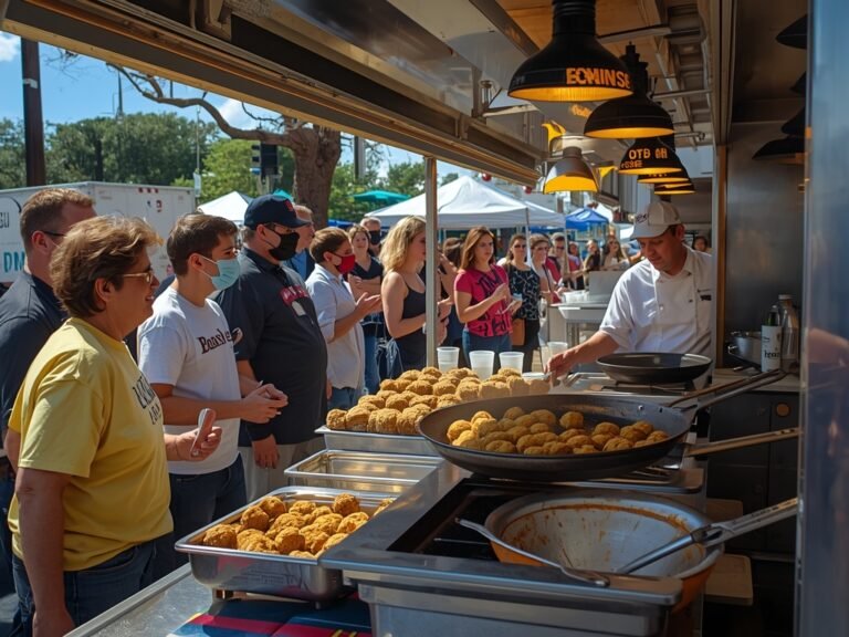 A bustling food truck park in Austin, Texas, with a