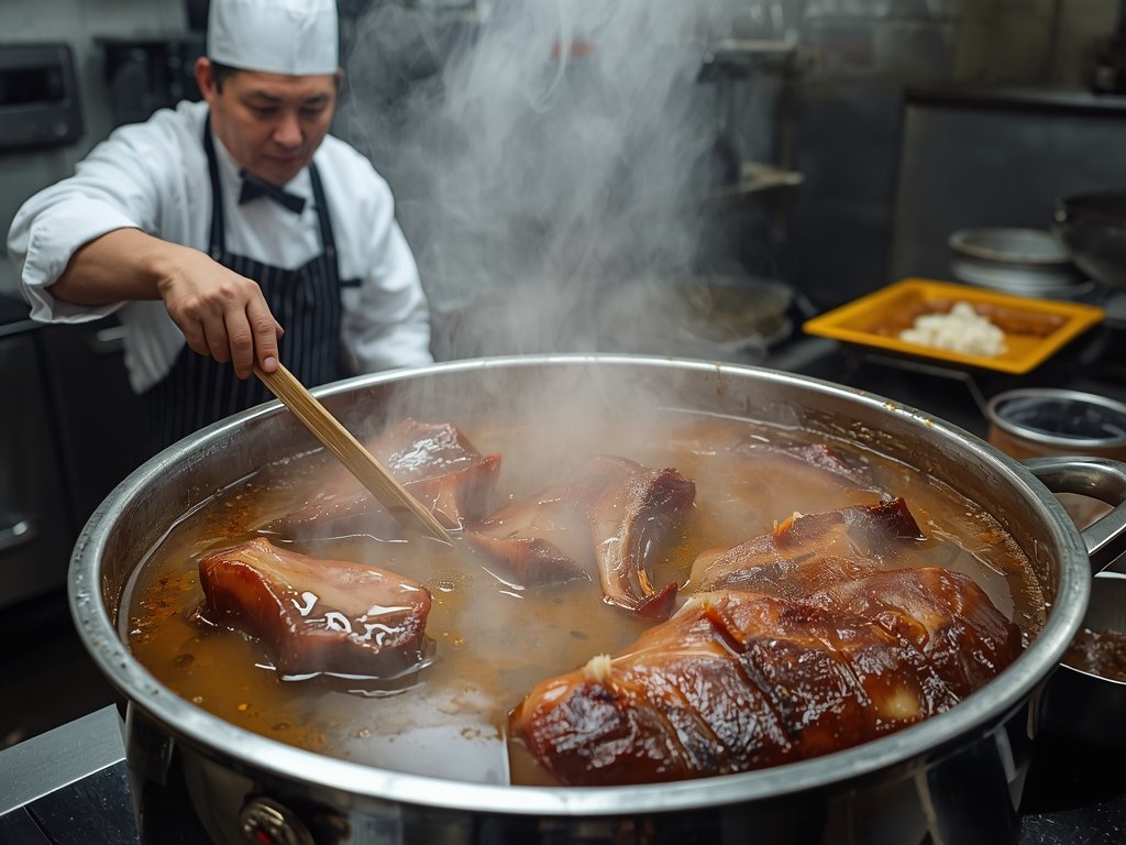 A bustling kitchen scene with a chef carefully monitoring a