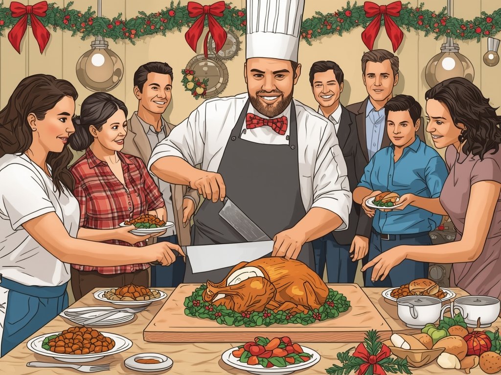 A bustling kitchen scene with a chef holding a sharp