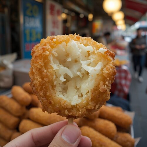 A bustling street food market in Seoul, South Korea, with