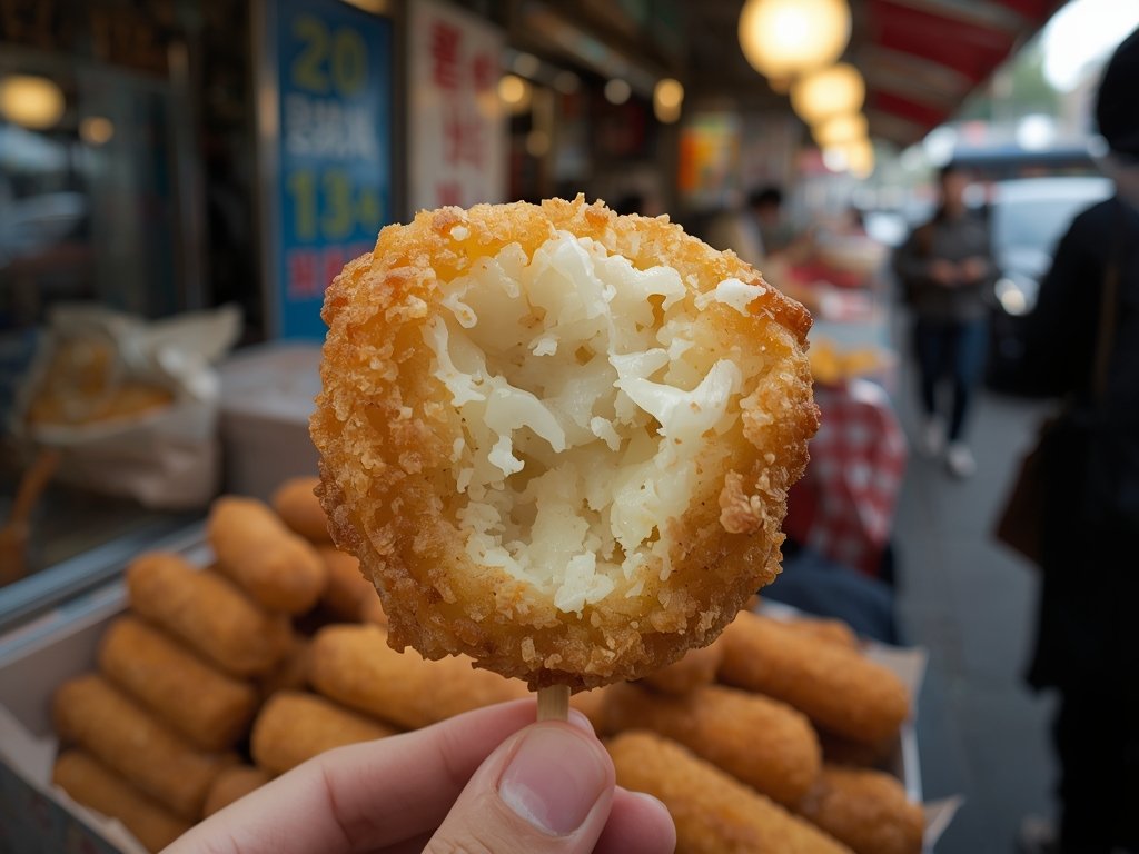 A bustling street food market in Seoul, South Korea, with