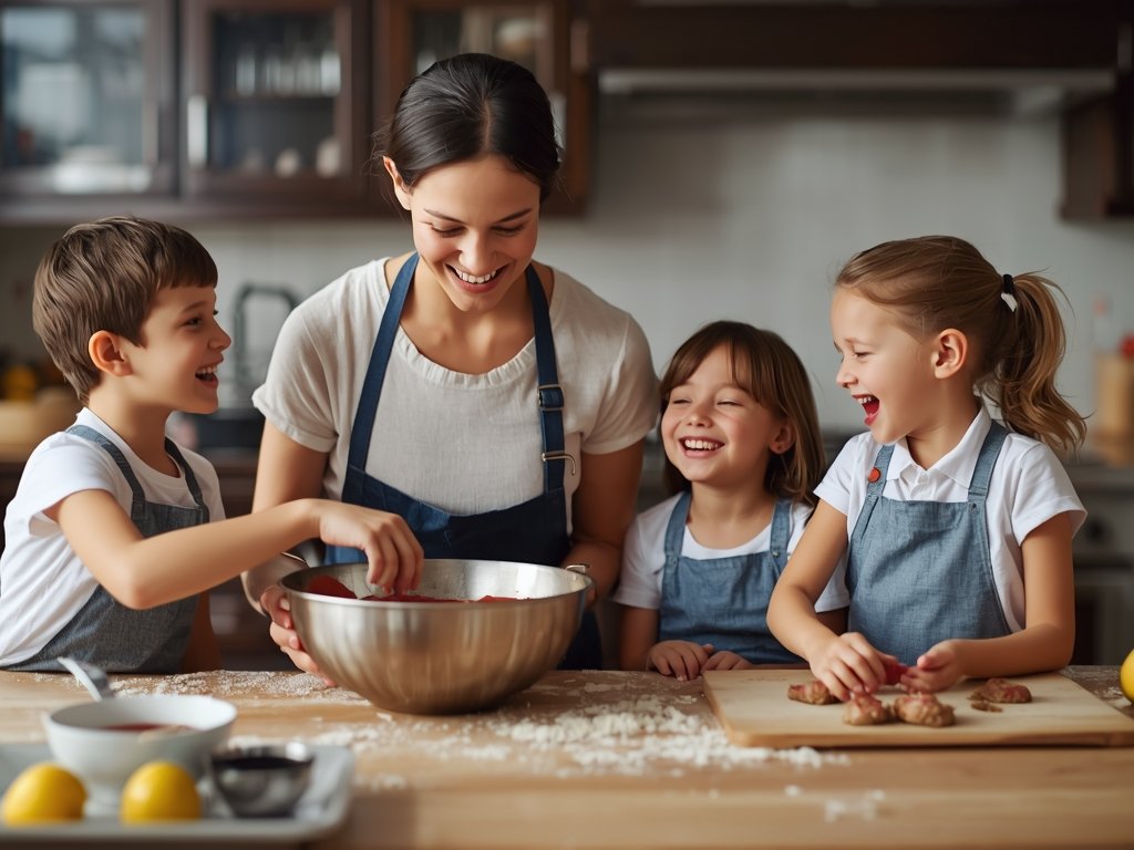 A busy family kitchen with a mom and kids preparing