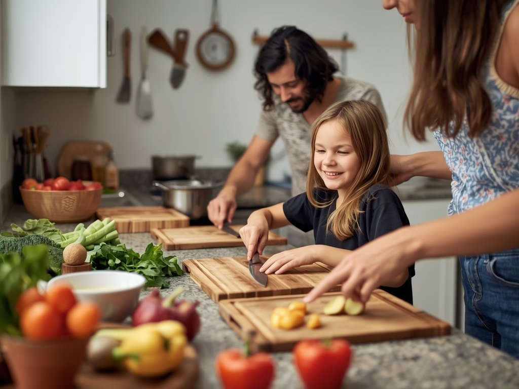 A busy family kitchen with a parent and child preparing