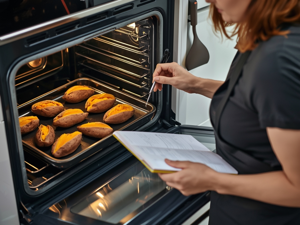 A busy home cook multitasking in the kitchen, with a