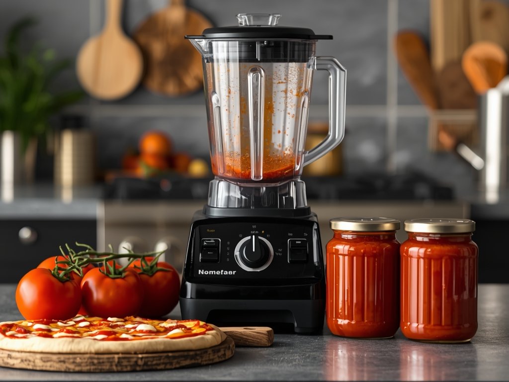 A busy kitchen counter with a blender, fresh tomatoes, and