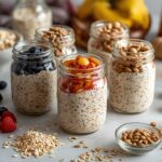 A busy kitchen counter with five mason jars filled with