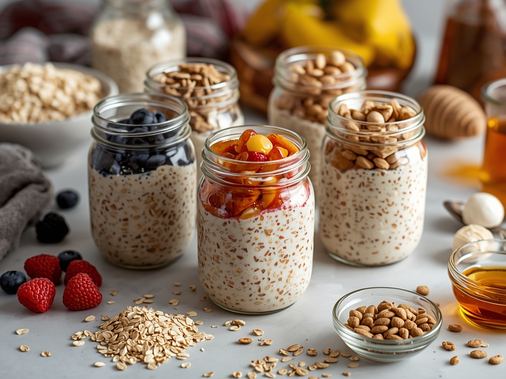 A busy kitchen counter with five mason jars filled with